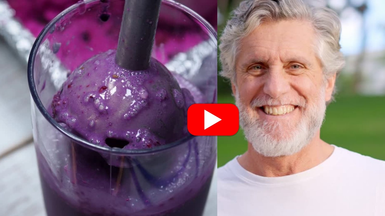 Berry mixture being blended beside a smiling mature man